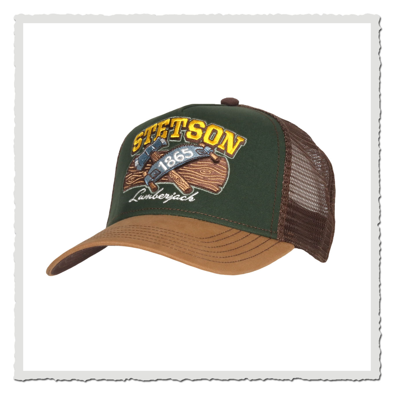 Stetson Trucker Cap Lumber Jack 7761131 75 in Grün-Braun mit Stickerei und gebogenem Schirm